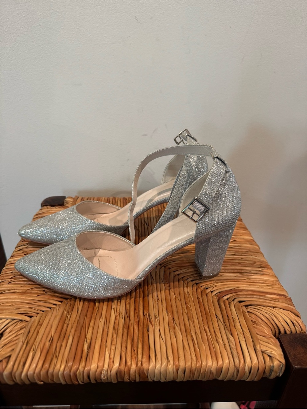 DB Studio Silver Glitter Block Heel D'Orsay Pump with Ankle Strap size 9